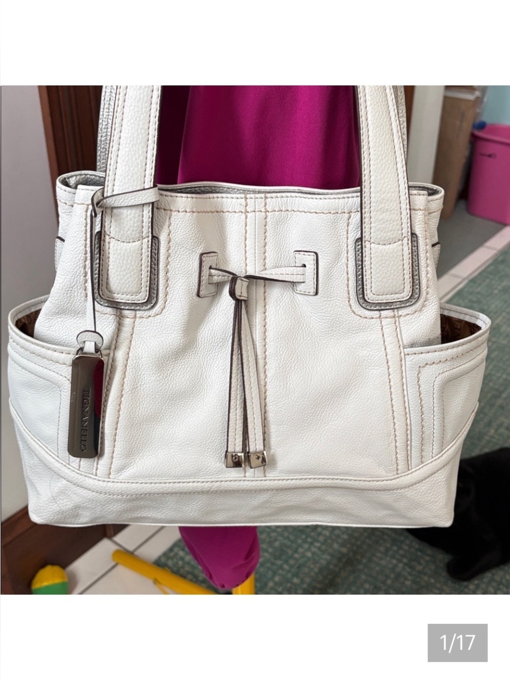 Tignanello  shoulder bag  leather white/tan stitching  some trim silver metallic